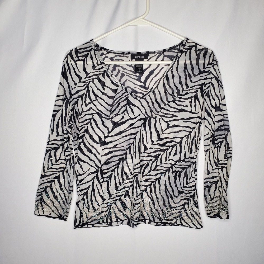 Vtg 90s Express Mesh Top‎ Women Large Zebra Sparkle Bratz Grunge Baddie Y2K